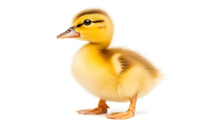 Fototapeta premium Tiny Yellow Duckling Standing and Looking Up on Bright White Background