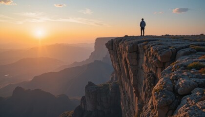 Man contemplates sunset vista atop mountain cliff