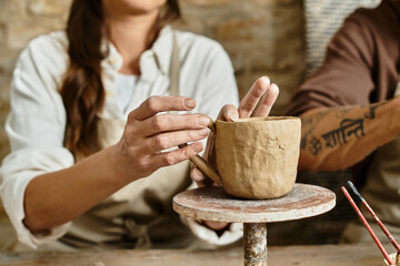 mature couple enjoys quality time as they shape clay together in a pottery class.