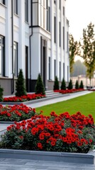 Obraz premium Bright red geraniums bloom in flowerpots amidst a well-kept lawn and shrubs, highlighting a beautiful garden design