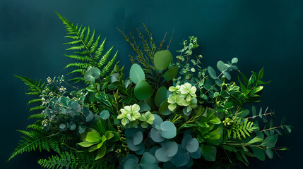 Naklejka premium vibrant greenery bouquet featuring eucalyptus, ivy, and ferns creates refreshing atmosphere
