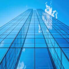 Obraz premium Modern Skyscraper Reaching Towards Blue Sky with Reflections of Clouds and Glass Facade Showcasing Urban Architecture and Contemporary Design Elements