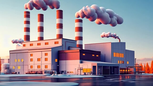 Industrial Power Plant at Sunset: A 3D Render of a Factory Complex