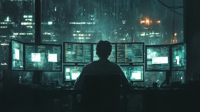 A person sits at a desk with multiple computer monitors displaying lines of code and other information, surrounded by screens that seem to be running complex programs or systems.