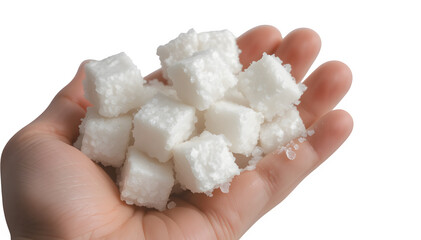 Several sugar cubes scattered against a white surface