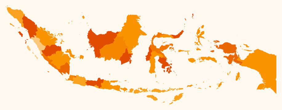 Map of Indonesia with regions. Just a simple country border map with region division. Orange color palette. Flat Indonesia shape with administrative division. Vector illustration.