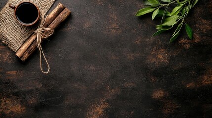 Coffee, cinnamon, plants on dark rustic surface; flatlay for blogs, recipes