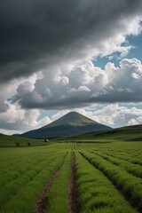 Fototapeta premium there is a large field of grass with a mountain in the background