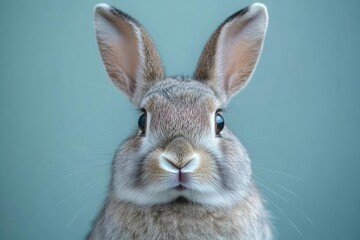 Fototapeta premium close-up portrait of silver-gray rabbit with expressive eyes and prominent ears, soft studio lighting, minimal pale background