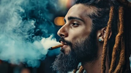 portrait of smoking african man with beard and dreadlock hairstyle