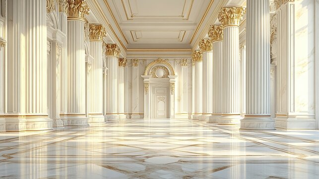 Sunlit marble palace hallway with ornate columns and arched doorway - Powered by Adobe