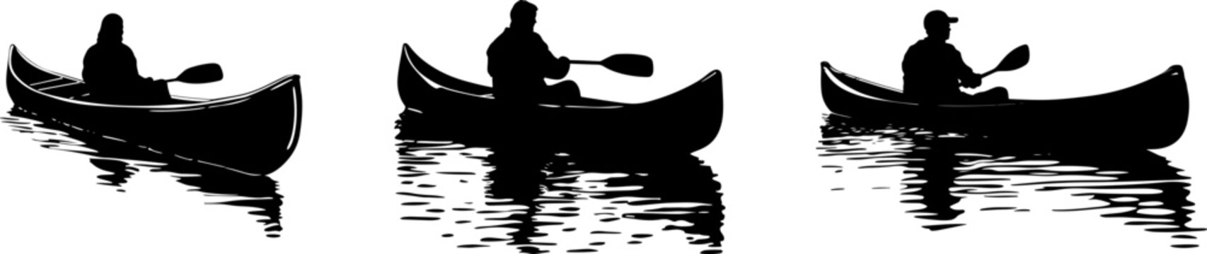 Illustrations vectorielles de trois personnes pagayant en cano&euml; avec reflets sur l&rsquo;eau en style silhouette