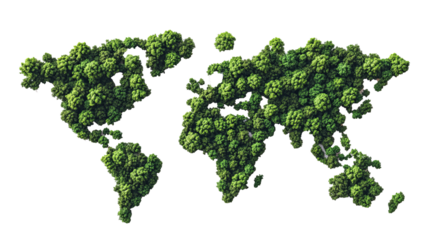 World Map Shaped with Lush Green Trees: A Nature-Inspired Concept Against a White Background