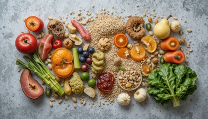 Diverse fruits, vegetables, grains, and nuts on grey background, healthy eating concept