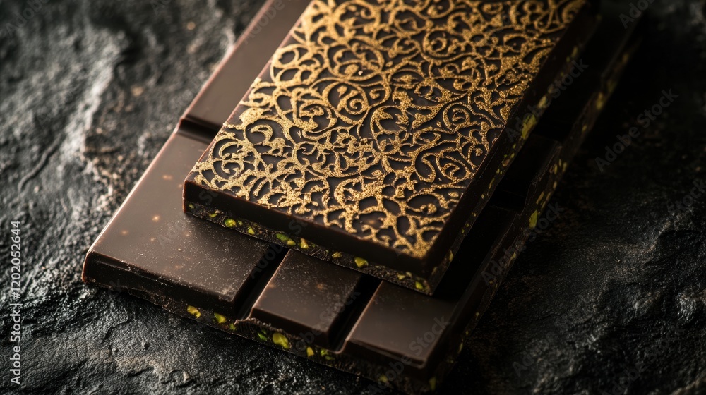 Poster cut chocolate filled with pistachio on a golden plate surrounded by intricate arabic patterns. gener