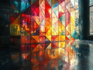 Vibrant geometric stained glass wall art reflecting on a polished floor. Ideal for modern interiors, lobbies, or art installations.
