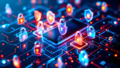 Cybersecurity: Glowing Padlock Network on Smartphone, Neon Art