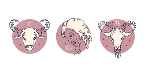 Taurus, virgo, capricorn, earth element zodiac signs. Horoscope mystical symbols. Line art.