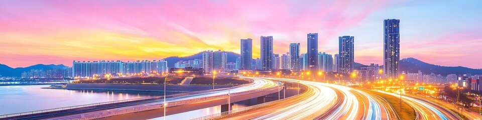 Fototapeta premium A city skyline with a purple sky in the background