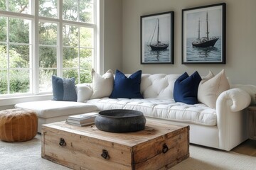 Obraz premium coastal living room with crisp white sofa adorned with navy blue pillows, weathered wood coffee table, and oversized nautical art prints