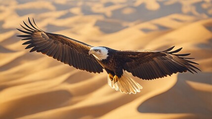 Fototapeta premium A Bald Eagle Soars Over Sand Dunes.