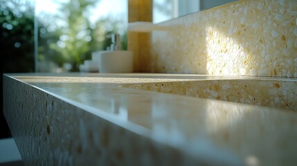Obraz premium Sunlit modern double bathroom sink, nature view