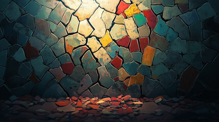 Cracked wall with vibrant colors revealing artistic potential in an urban setting