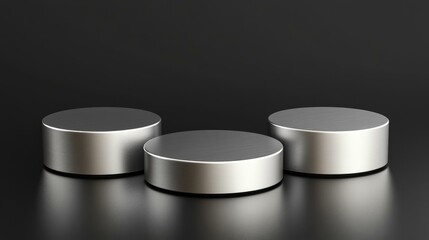 Three Silver Cylindrical Podiums on Dark Background