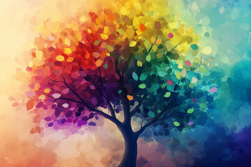 Obraz premium Colorful digital illustration of a vibrant tree with multicolored leaves set against a soft abstract background