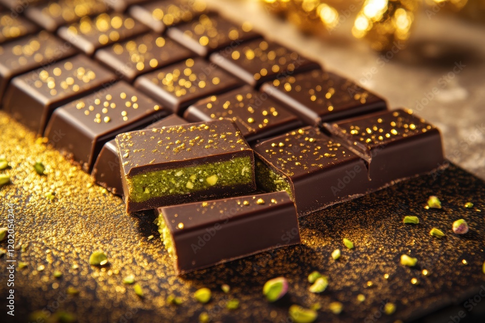 Poster delicious chocolate bar filled with rich pistachio paste and adorned with golden sparkles. generativ