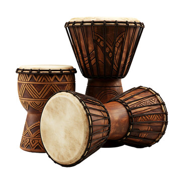 Authentic Djembe Drums with Carved Patterns On Transparent Background
