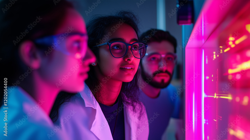 Poster multicultural team of scientists exploring innovative research in a high-tech laboratory environment