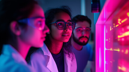 Multicultural team of scientists exploring innovative research in a high-tech laboratory environment