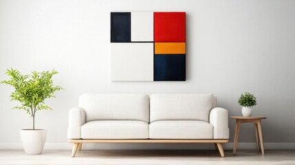 A bright and airy living room featuring a stylish white sofa and an abstract painting that adds a vibrant splash of color to the neutral decor theme, creating a cozy atmosphere.