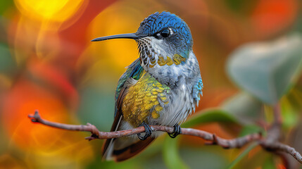 Obraz premium A lilac roller and a kingfisher perched on a branch with a hummingbird feeding nearby among the green leaves and flowers.