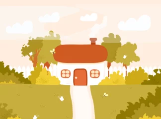 Gardinen Cozy village house. Summer or spring countryside landscape with green trees and bushes. Rural scene with cute cottage. Vector illustration in hand drawn flat cartoon style © Anastasiia