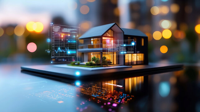 beautifully composed 3D model of smart home showcasing digital interfaces and data visualization, reflecting modern technology and innovation in architecture