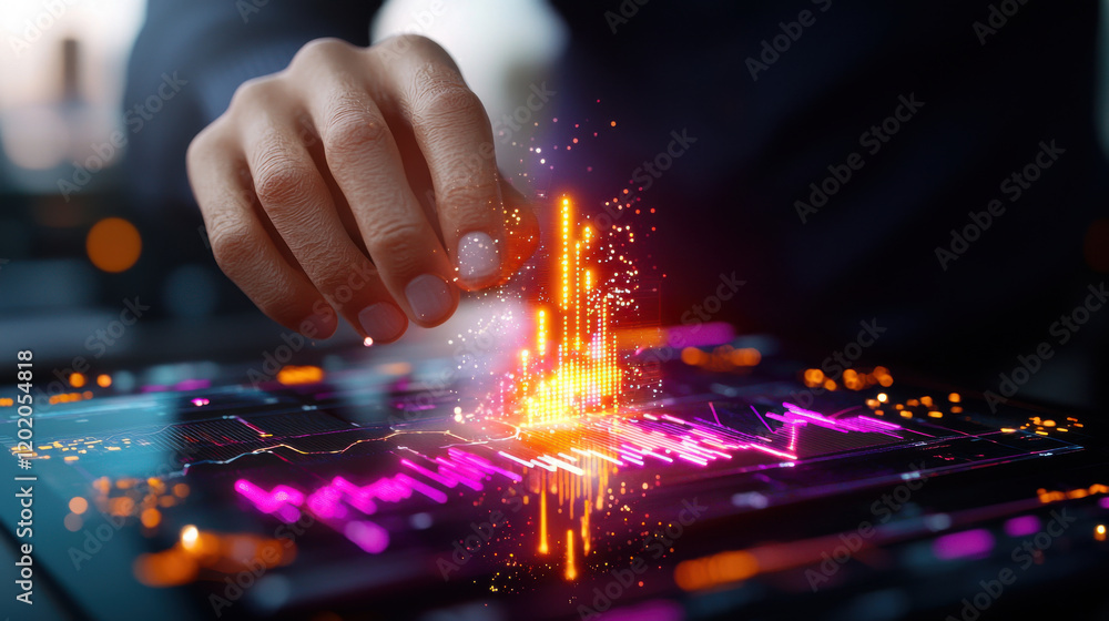 Poster hand interacting with digital interface displaying vibrant data visualizations, showcasing AI driven analysis and technology