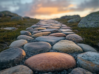 Pathway of smooth stones leads toward a beautiful sunset in a tranquil outdoor setting