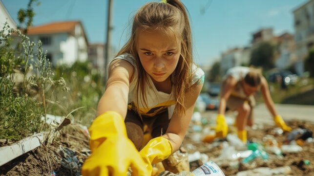 Young girl collecting litter and trash on the street during a community clean-up effort - Powered by Adobe