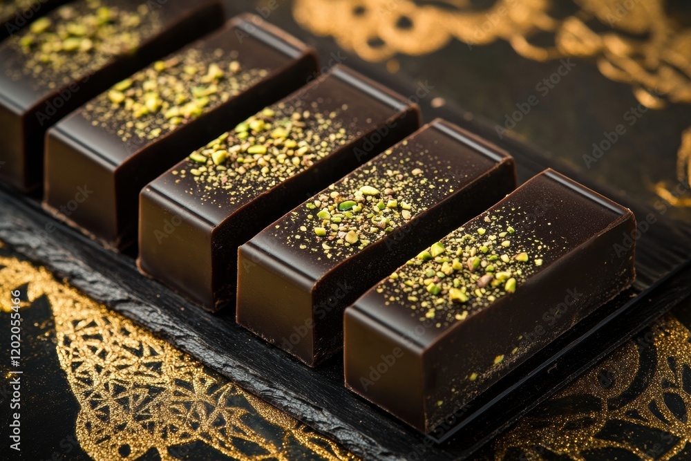 Poster delicious chocolate bars filled with creamy pistachio paste arranged on an elegant background. gener