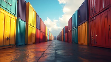 Fototapeta premium Shipping container action in colorful port industrial environment wide view