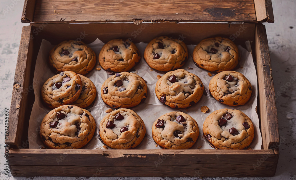 Poster a wooden box filled with chocolate chip cookies. the cookies are arranged in rows and are ready to b