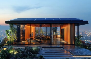 Fototapeta premium Modern sustainable home with solar panels on rooftop and panoramic city view showcasing energy-efficient living and contemporary architecture at twilight