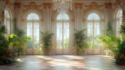 Sunlit palace ballroom with plants, arched windows, garden view