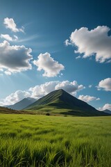 Fototapeta premium grassy field with a mountain in the background and a blue sky