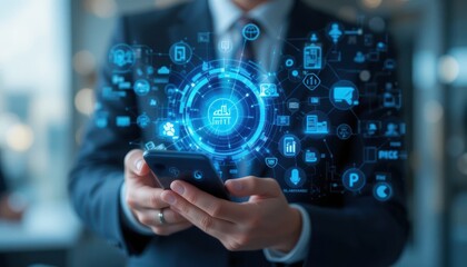 Fototapeta premium Businessman using phone, digital factory, office background, IoT