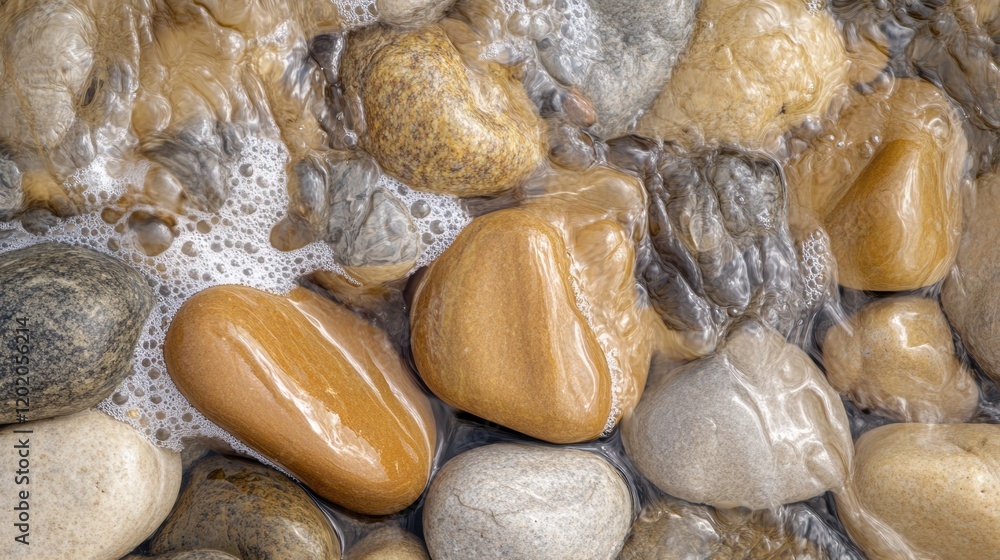Poster close up view of smooth beach pebbles as gentle waves wash over them in a tranquil coastal setting. 