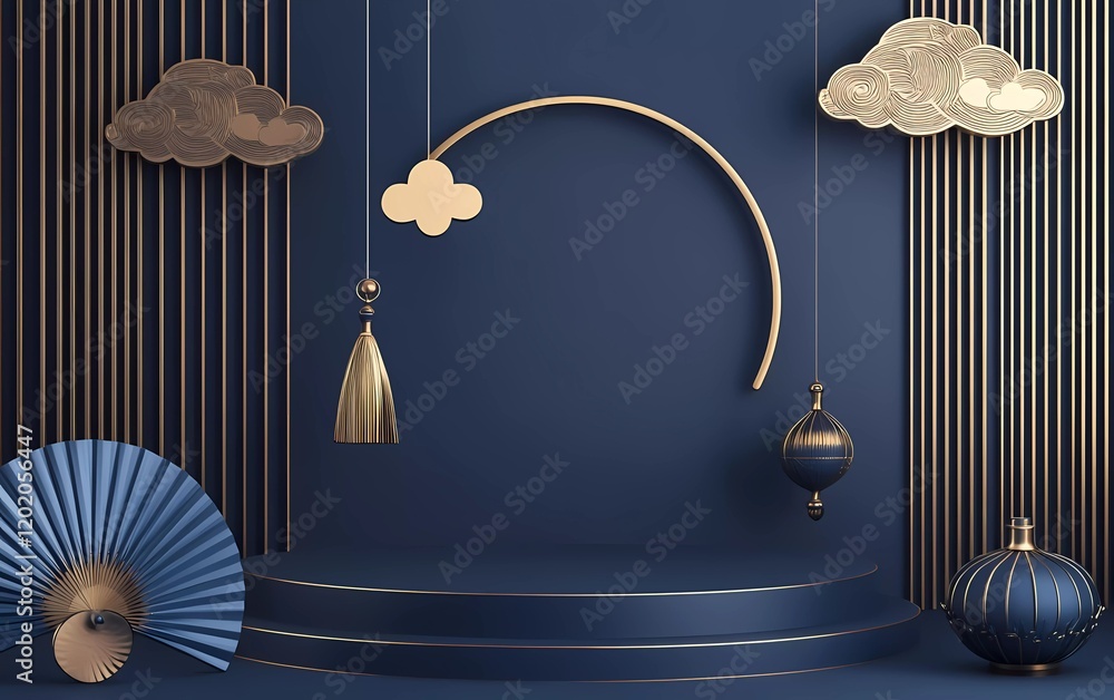 Poster 3d rendering of a blue background with a podium scene for product display and chinese new year decor