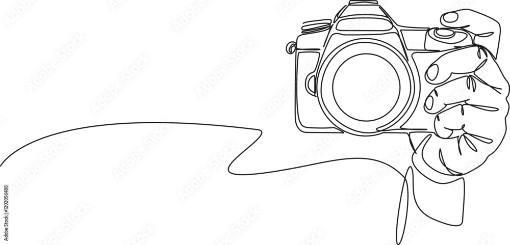 Wall mural continuous single line drawing of hand holding DSLR camera, line art vector illustration